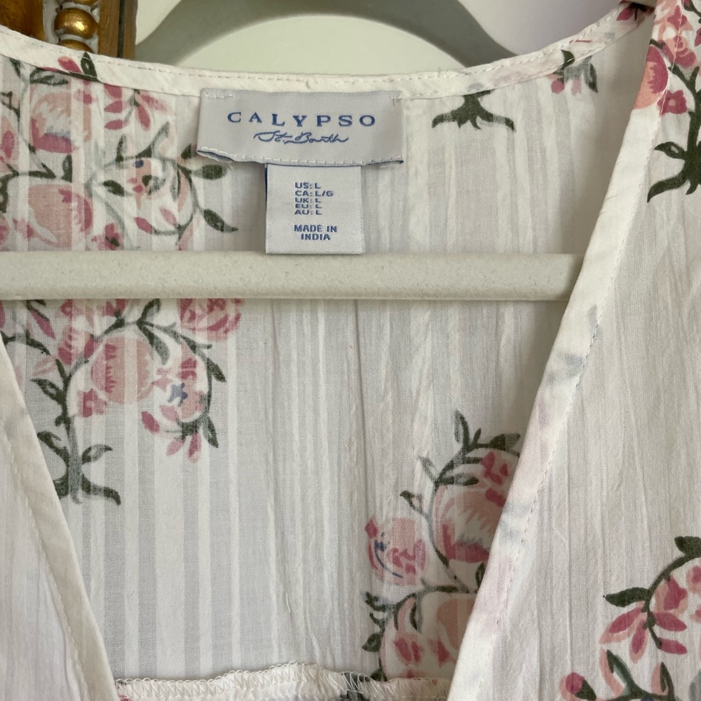 Calypso St. Barth White Blouse with Pink Floral Motif and Tassel Tie - Picture 8 of 8